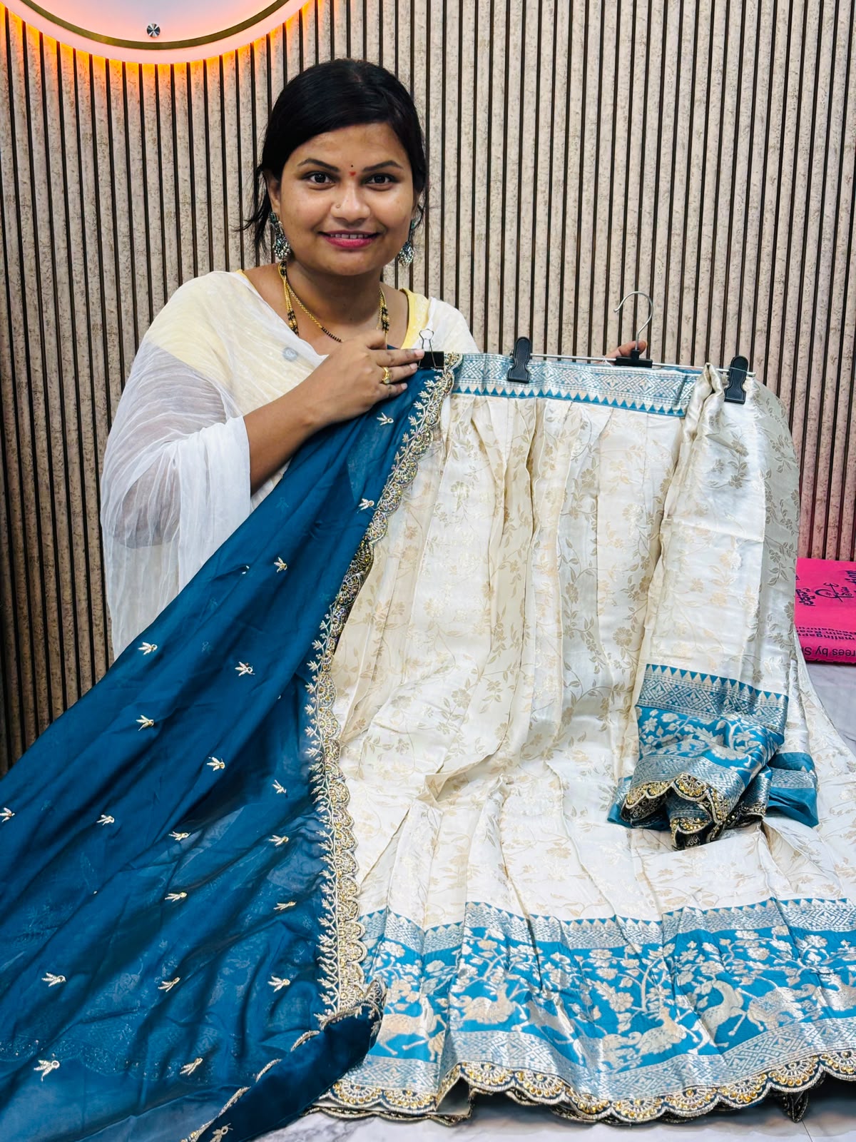 Half white spl lehangas
Banarasi weaving with contrast weavings and cutwork borders