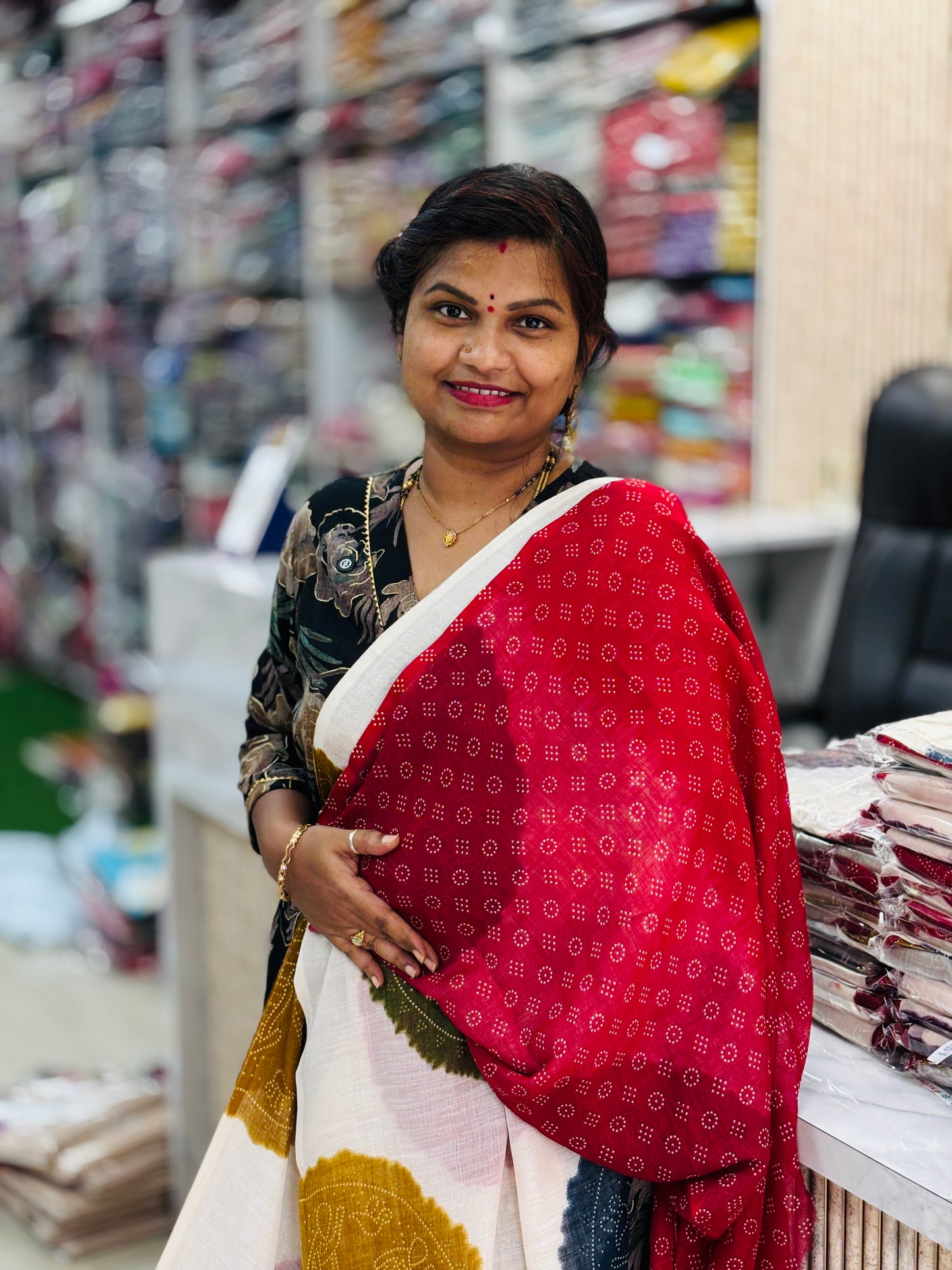 Red Premium Bandini Lenin Sarees