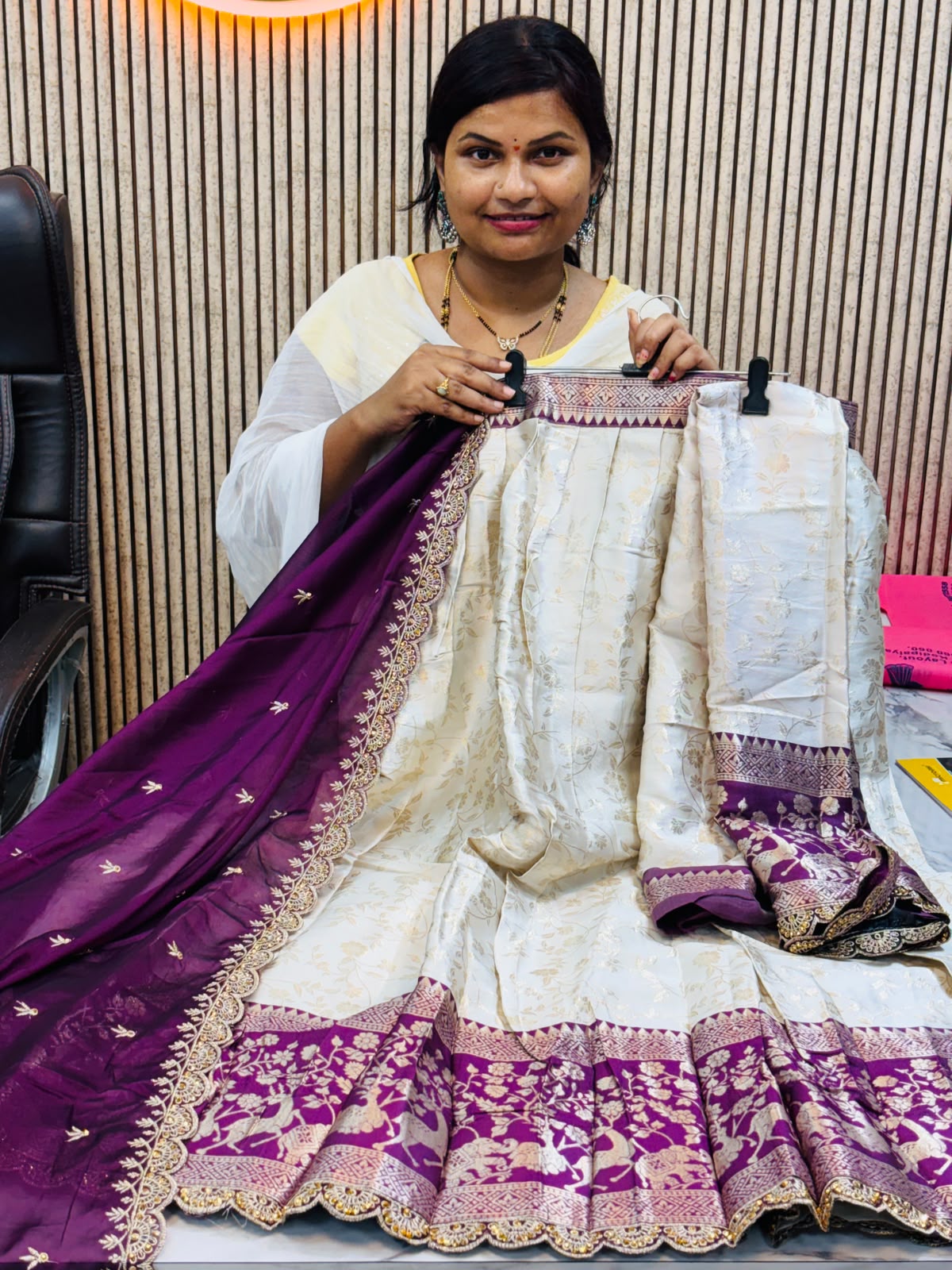 Half white spl lehangas Banarasi weaving with contrast weavings and cutwork borders