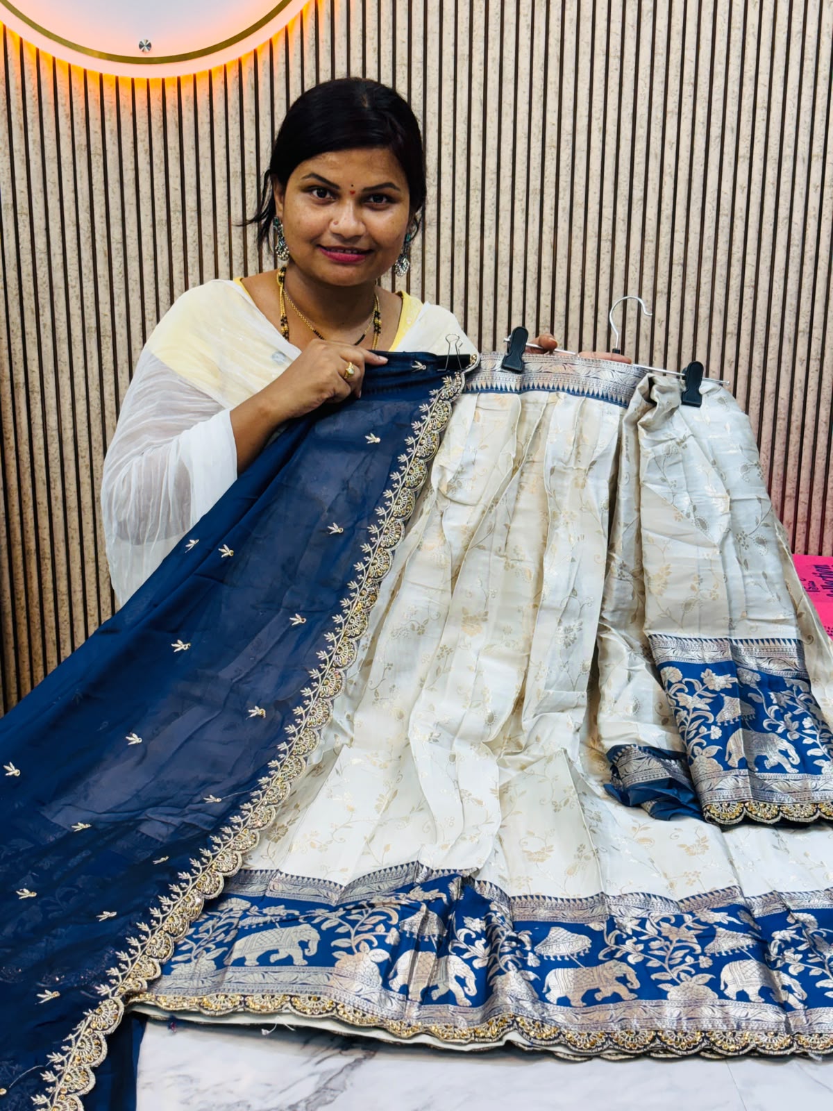 Half white spl lehangas Banarasi weaving with contrast weavings and cutwork borders