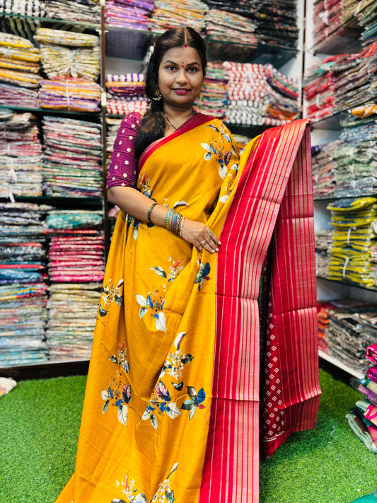 Mashroom Silk Floweral print contrast borders