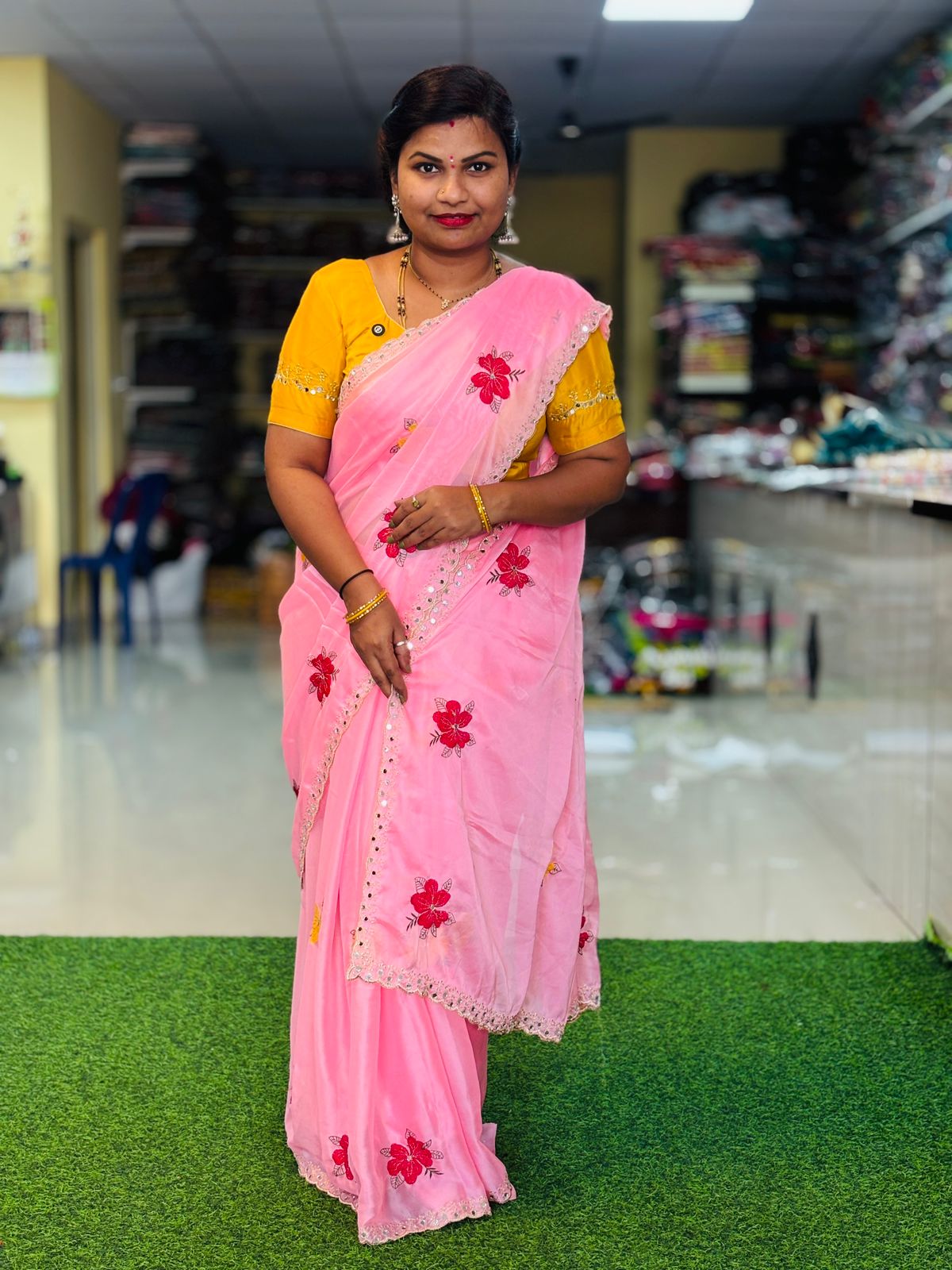 Pink Georgette Mirror work