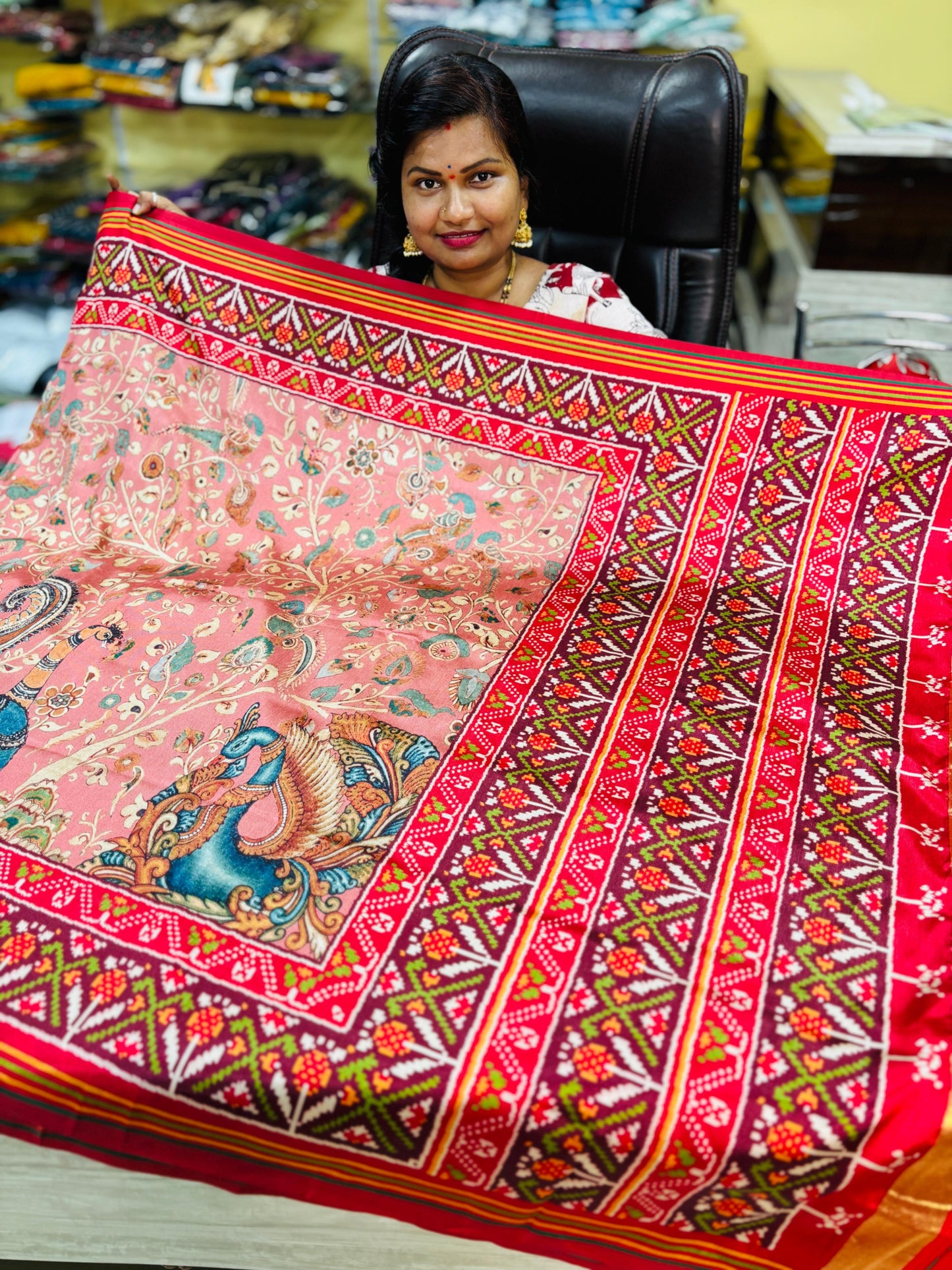 Rajkot Patola Silk Sarees
With Kalamkari Design
With hand oven tussles
Highlights with patola borders