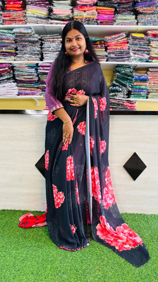Georgette heart floweral sarees 
Contrast blouse