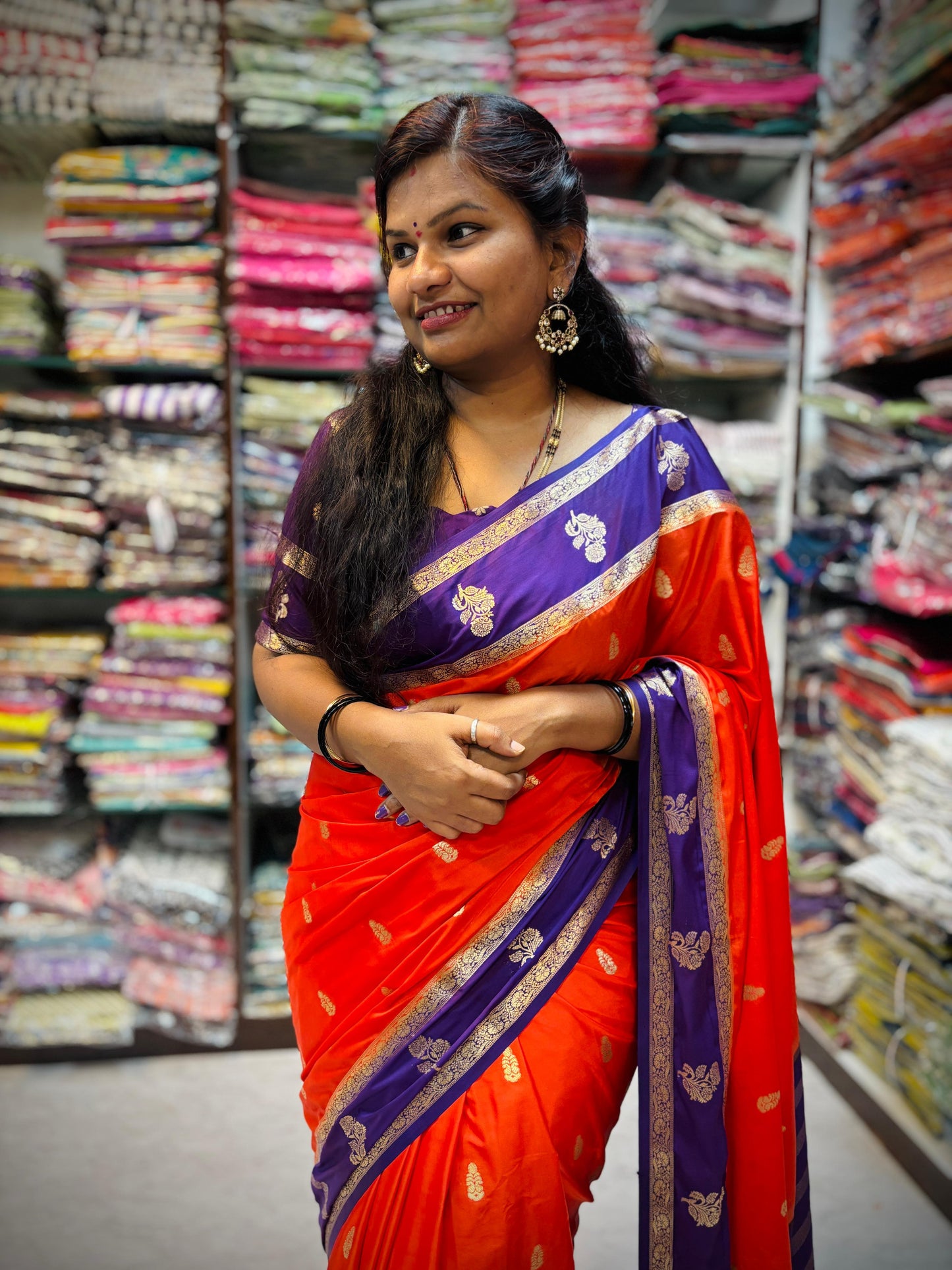 Orange with purple
Mysore crepe silk