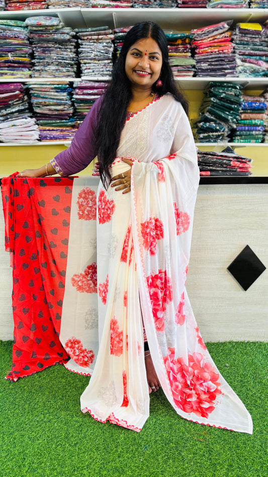 Georgette heart floweral sarees 
Contrast blouse