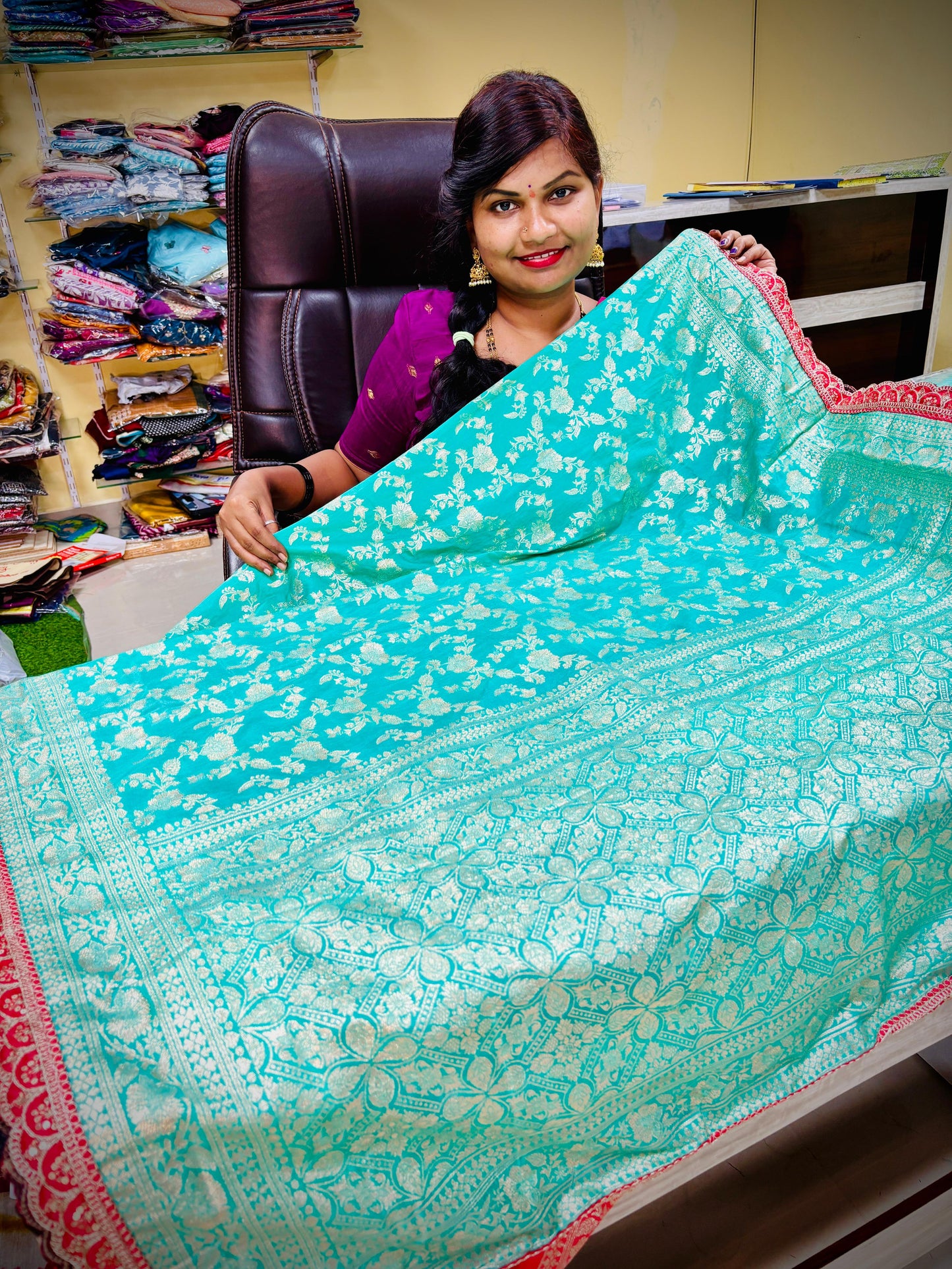 Banarasi Moonga checks
With lace borders