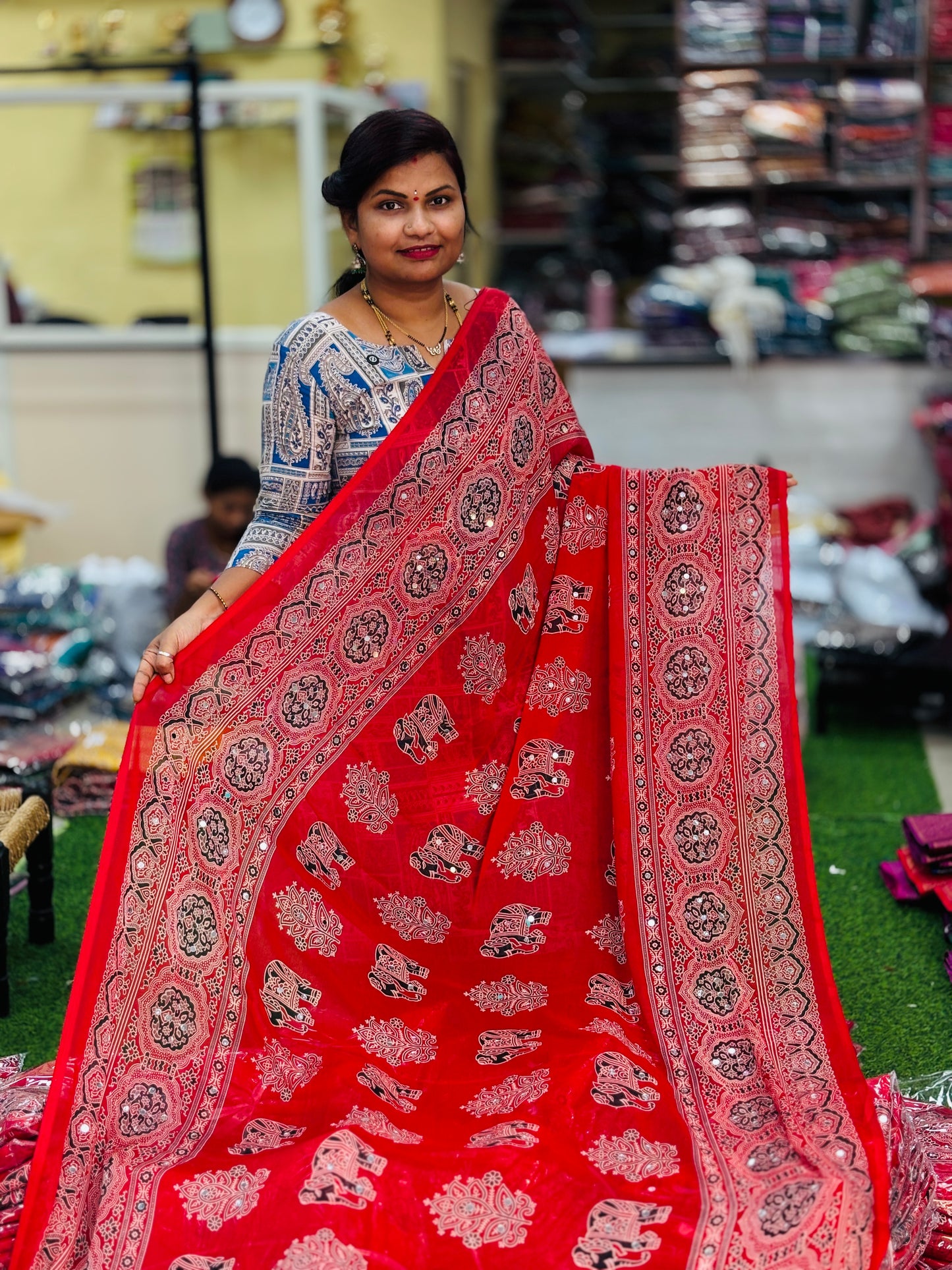 Azrak Elephants Sarees Red