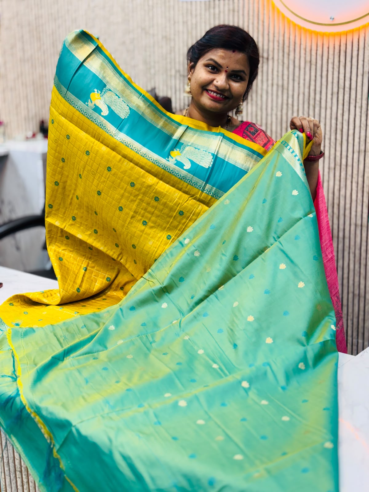 Vintage semi Gadwal 
Peacock borders 
Floweral Embroidery
