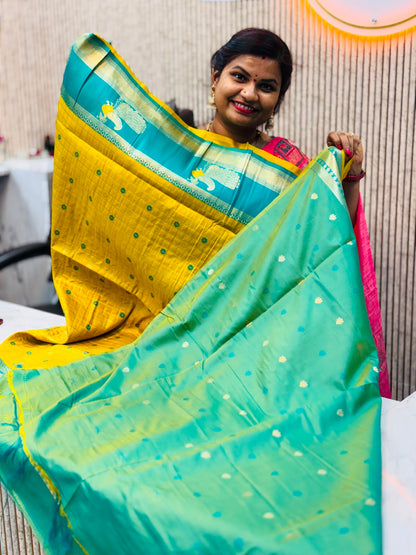 Vintage semi Gadwal 
Peacock borders 
Floweral Embroidery