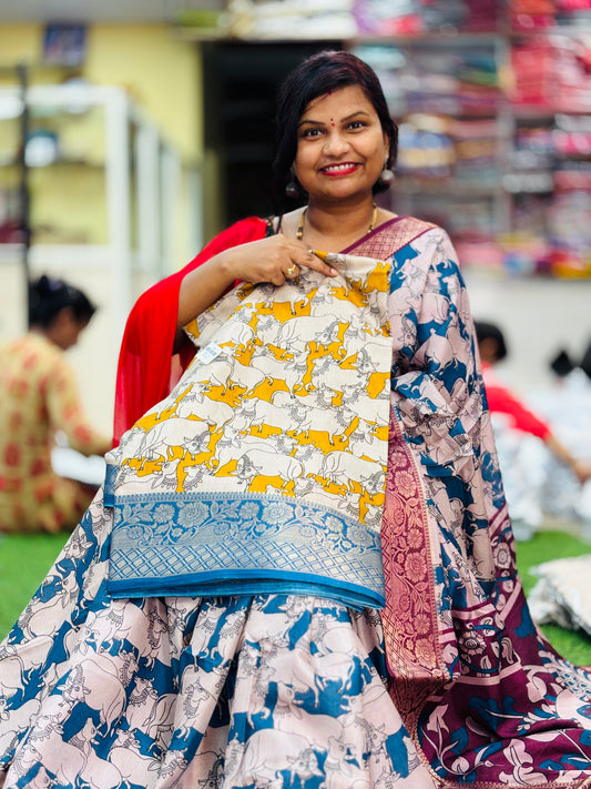 Kalamkari Pichwai Kamadhenu Silk Sarees