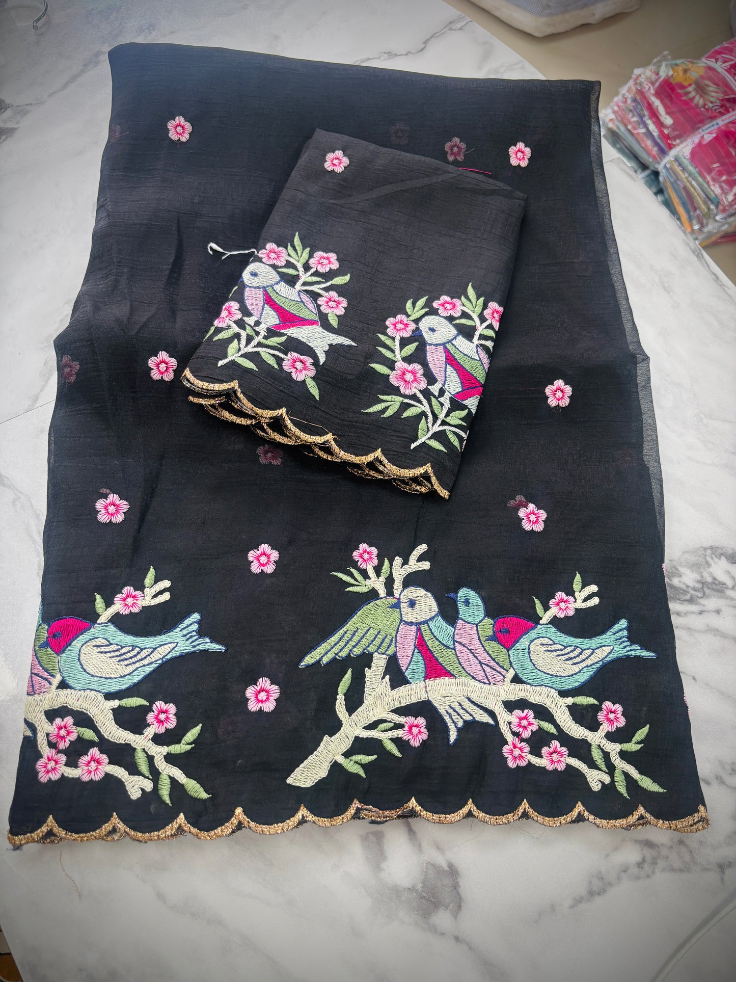 Space Cutwork peacock Embroidery Saree