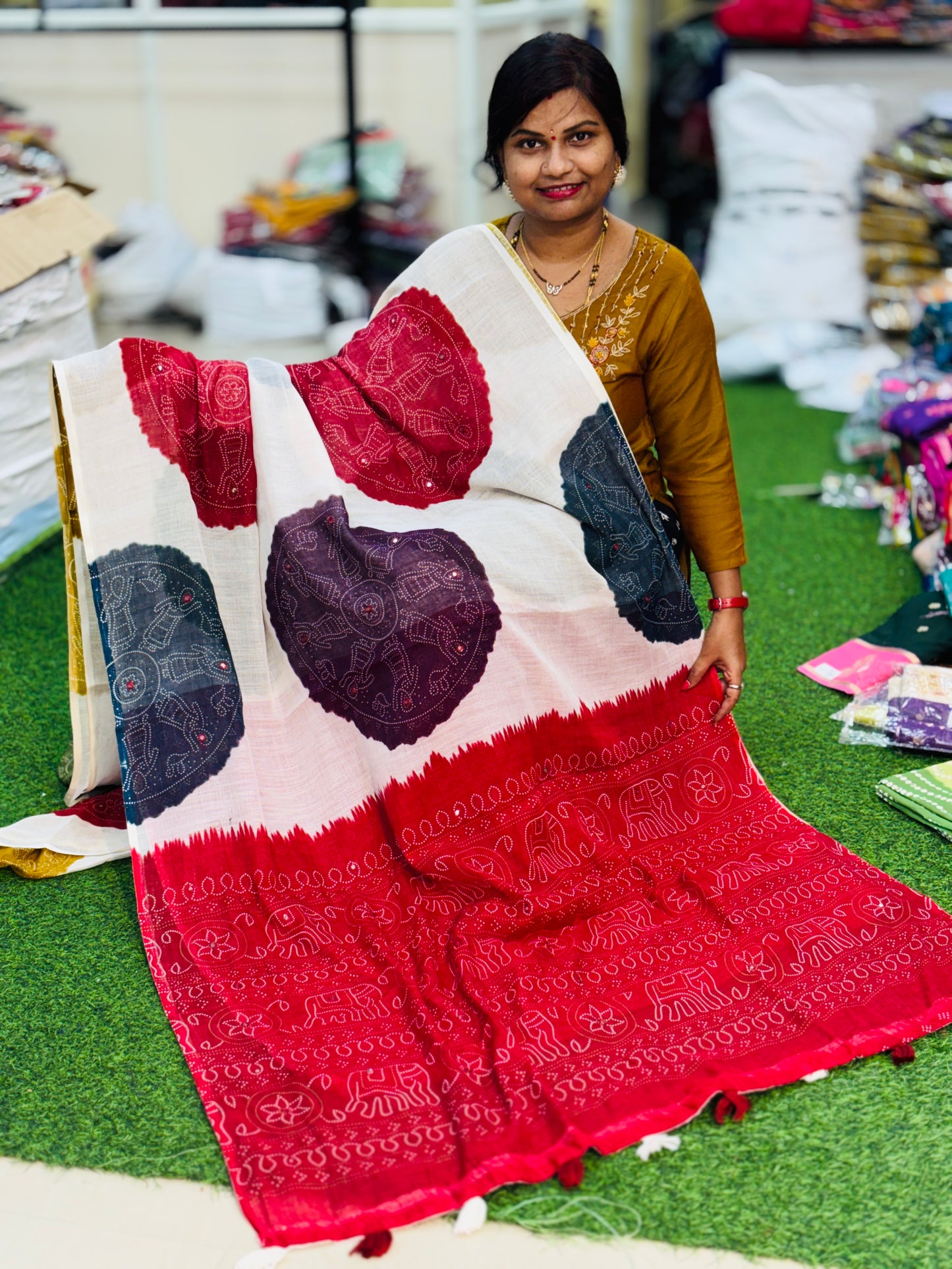 Red Premium Bandini Lenin Sarees