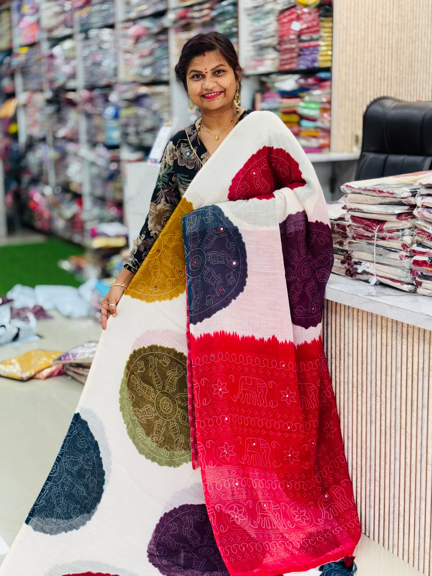 Red Premium Bandini Lenin Sarees