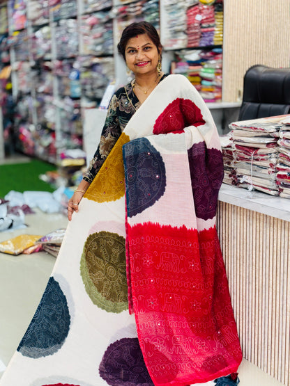 Red Premium Bandini Lenin Sarees
