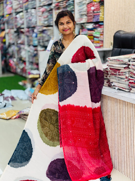 Red Premium Bandini Lenin Sarees