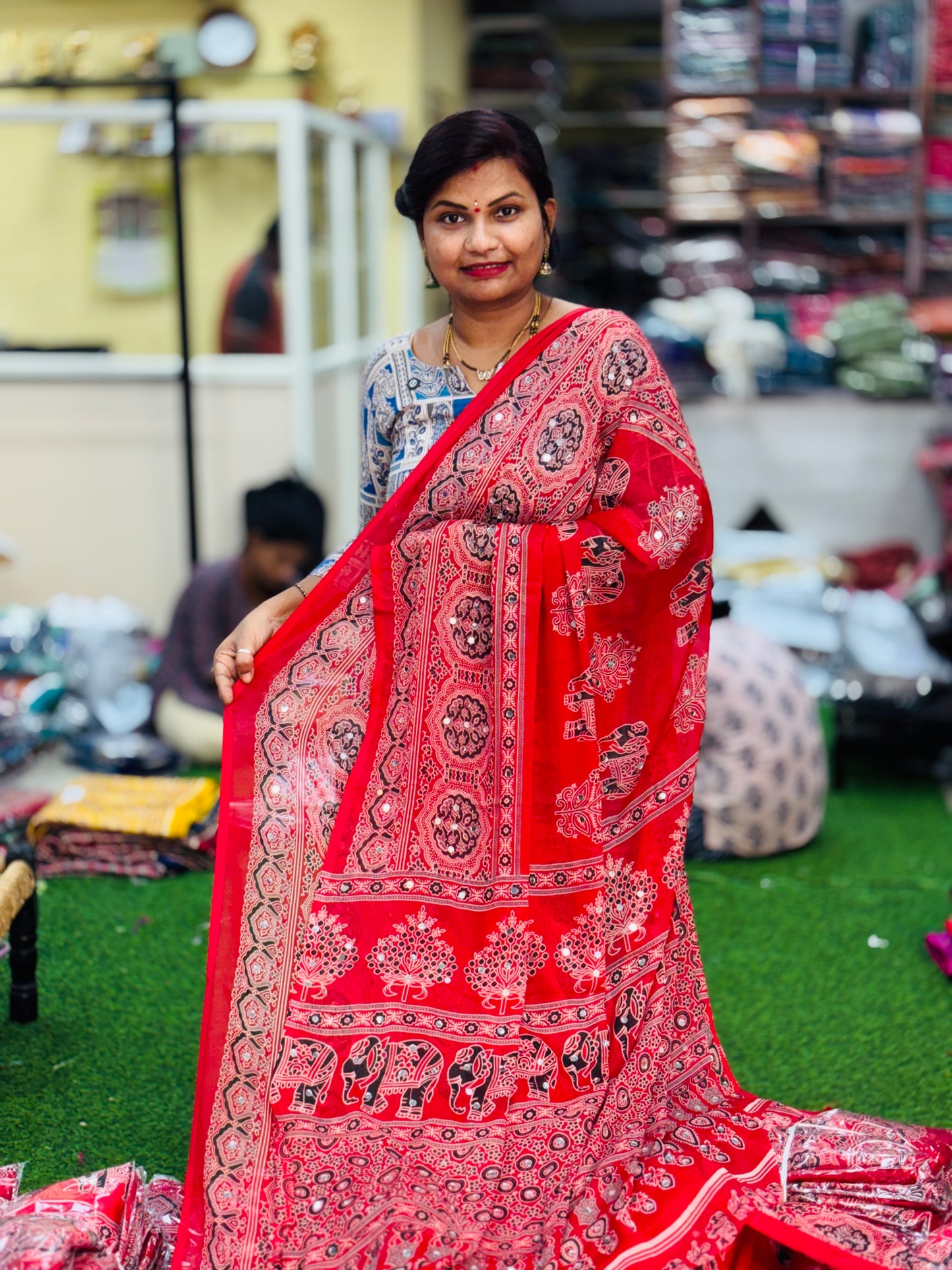 Azrak Elephants Sarees Red
