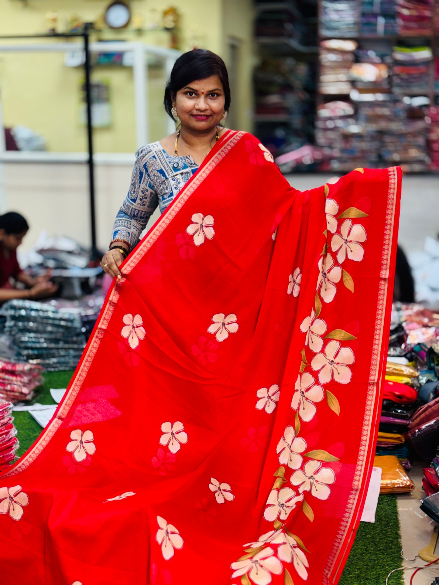Red Mangalagiri georgette saree