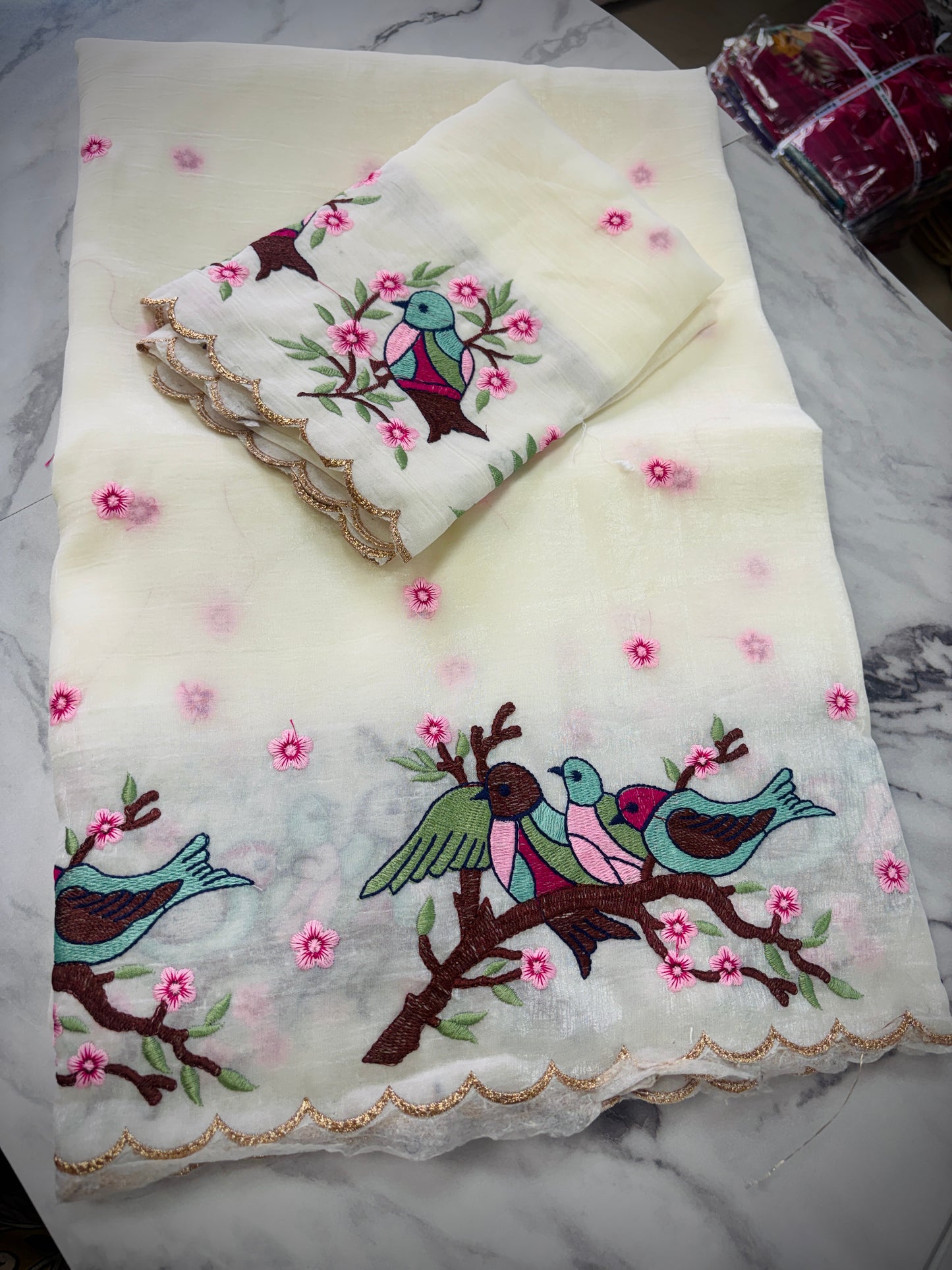 Space Cutwork peacock Embroidery Saree