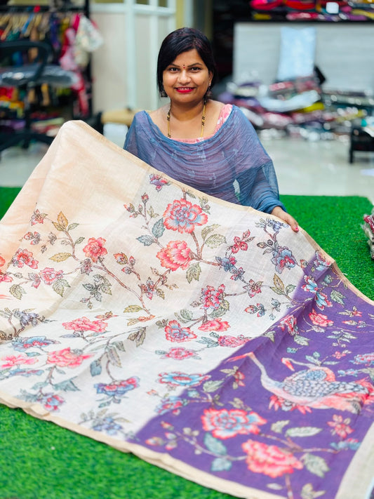 Lenin floweral sarees with contrast pallu