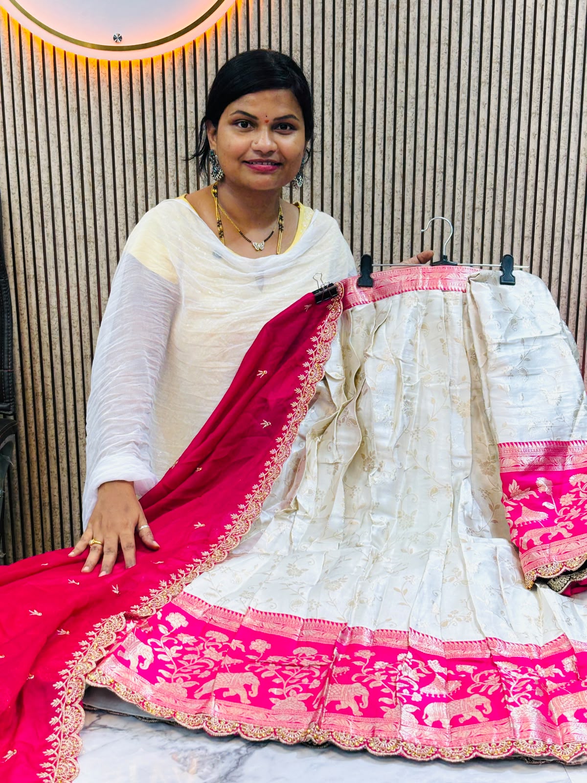 Half white spl lehangas  Banarasi weaving with contrast weavings and cutwork borders