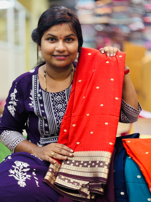 Semi Mysore Crepe Sarees Dark Rust