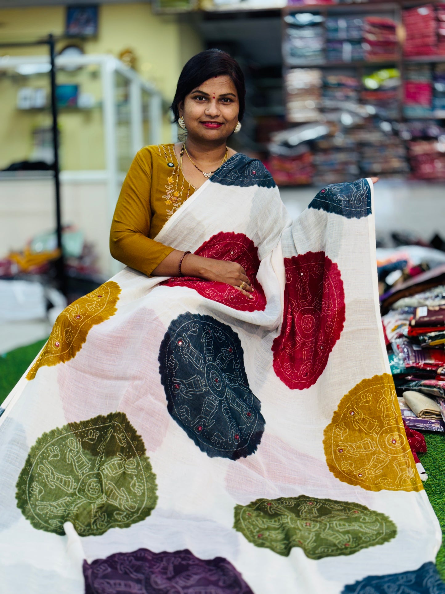 Red Premium Bandini Lenin Sarees