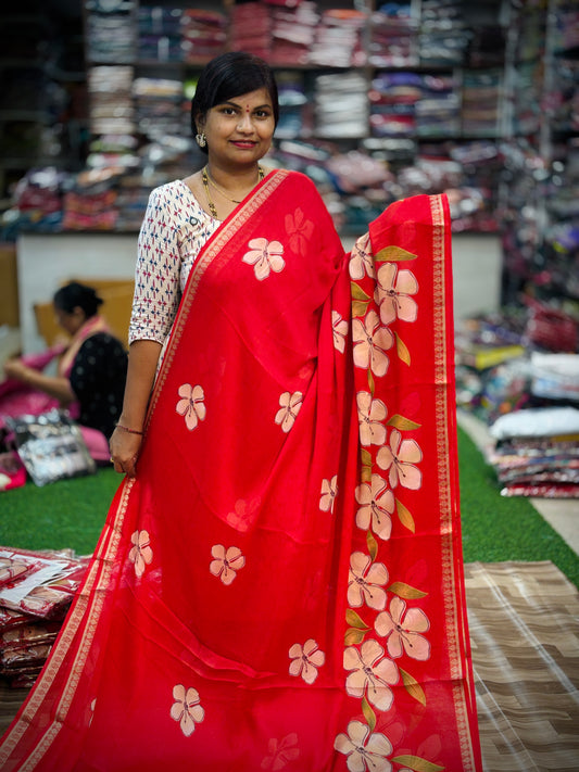 Red Mangalagiri georgette saree