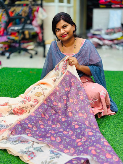 Lenin floweral sarees with contrast pallu