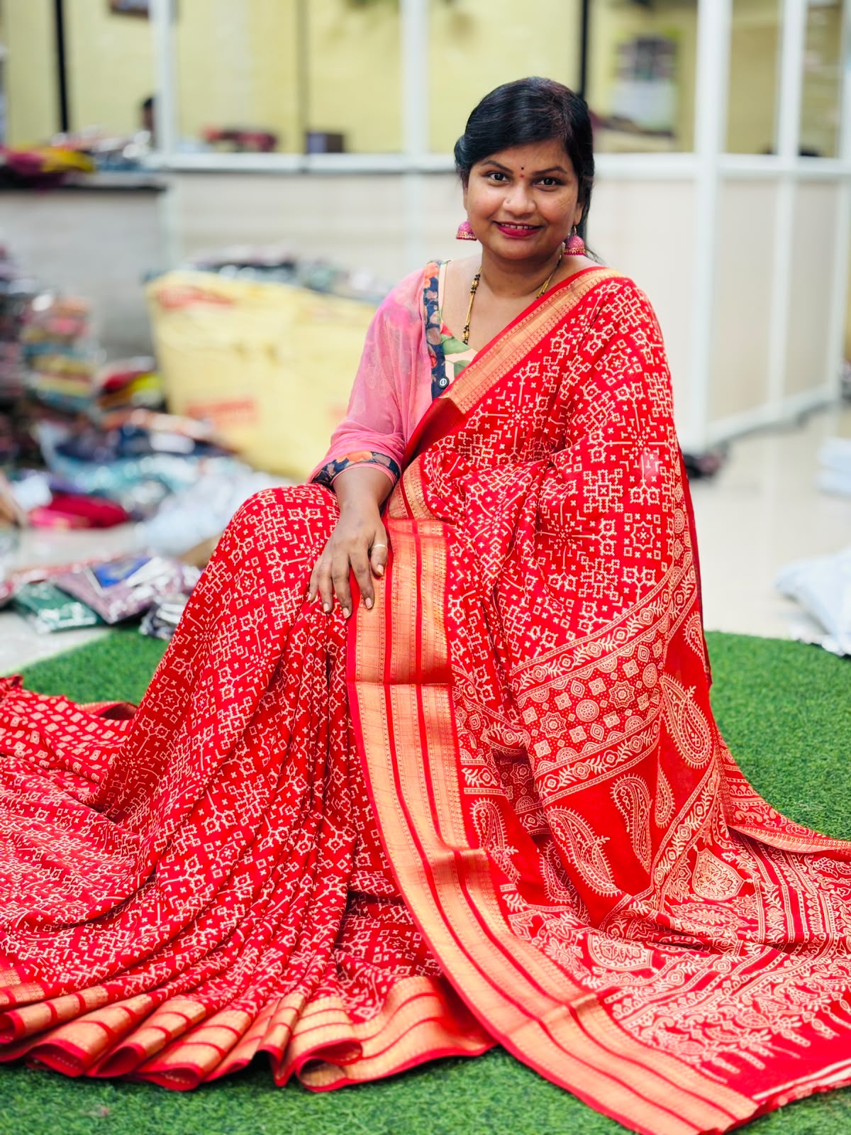 Red Multi Bandini Kanchi weaving sarees