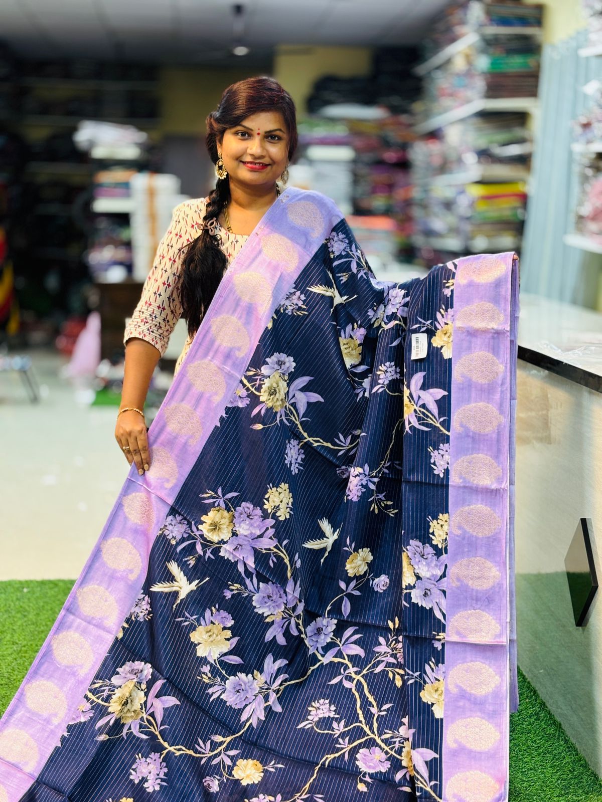 Mango Kanchi silk 
Weaving borders 
Allover digital prints