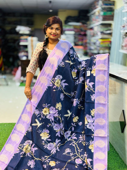 Mango Kanchi silk 
Weaving borders 
Allover digital prints