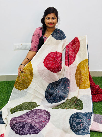 Red Premium Bandini Lenin Sarees