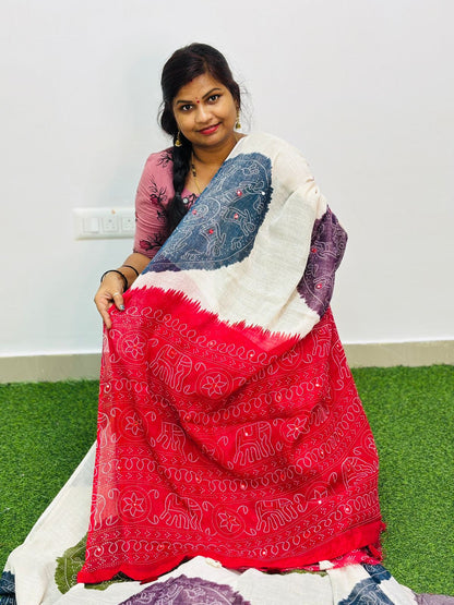 Red Premium Bandini Lenin Sarees