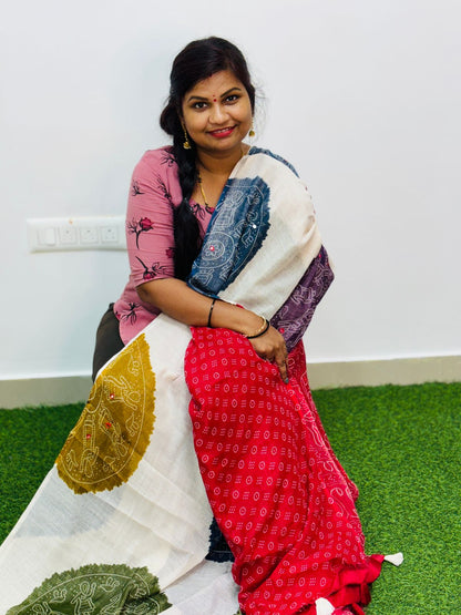 Red Premium Bandini Lenin Sarees