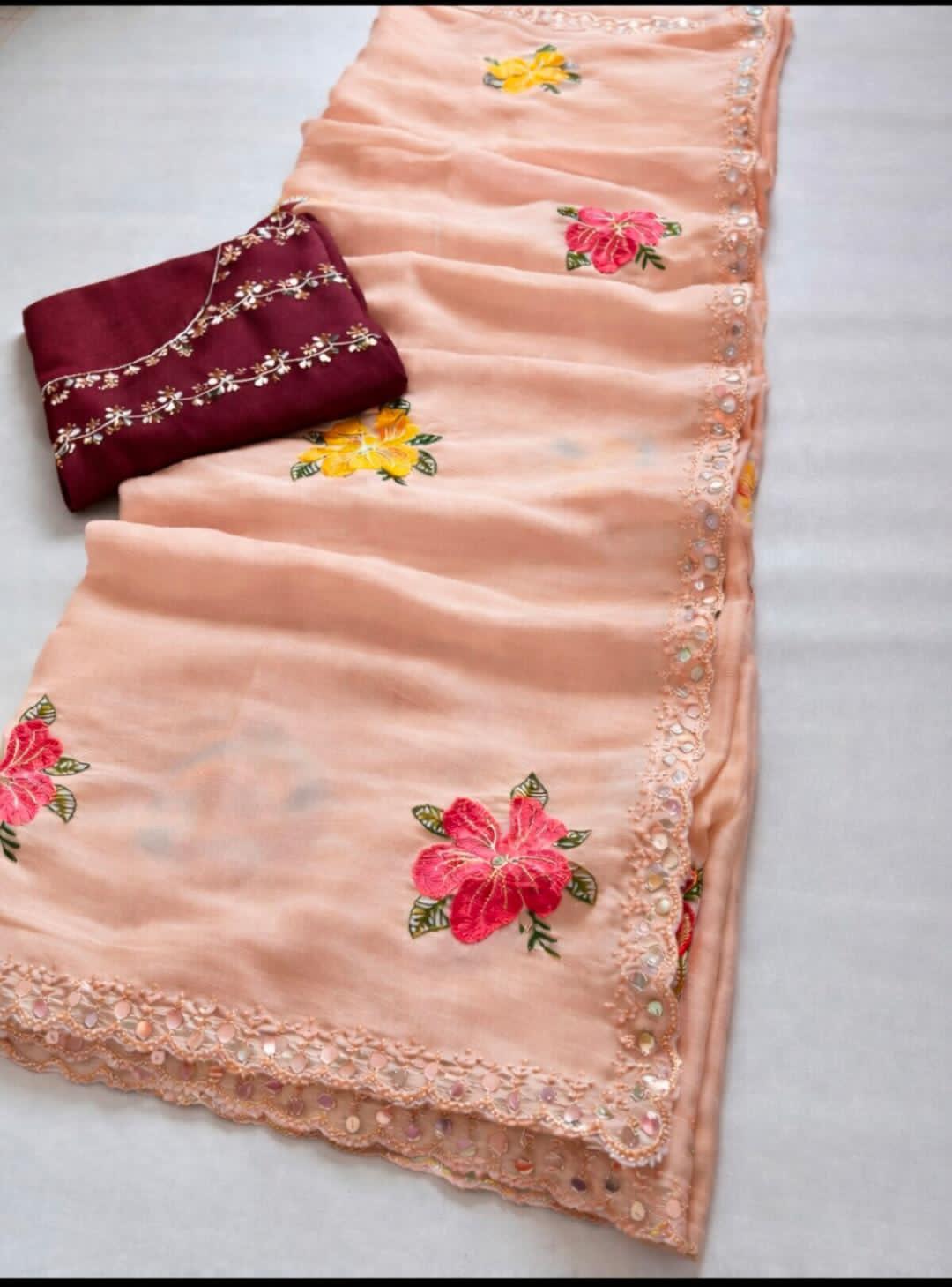 Peach Georgette Mirror work