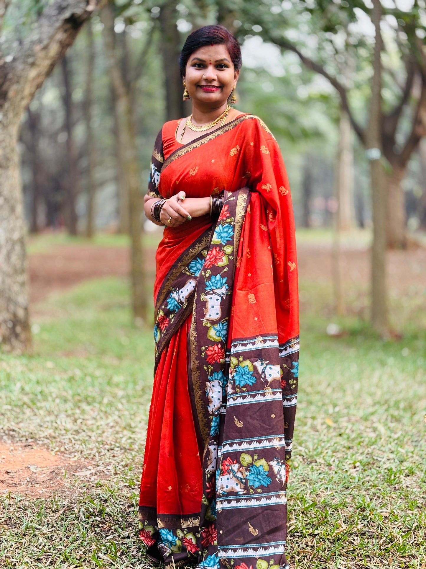 Rust Orange Mangalgiri Pichwai Pattu Sarees