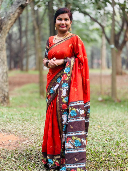 Rust Orange Mangalgiri Pichwai Pattu Sarees