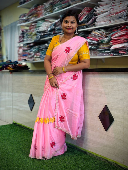 Pink Georgette Mirror work