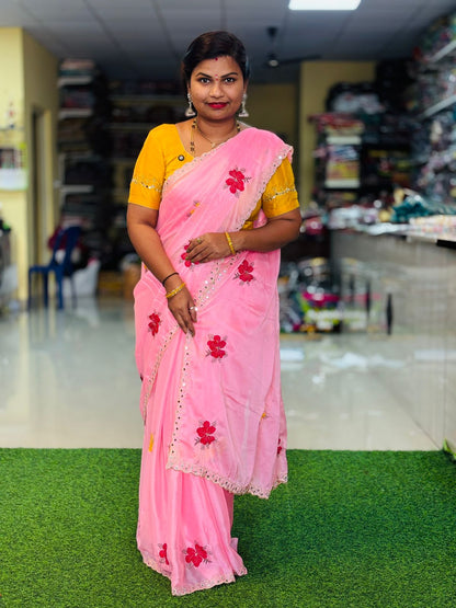 Pink Georgette Mirror work