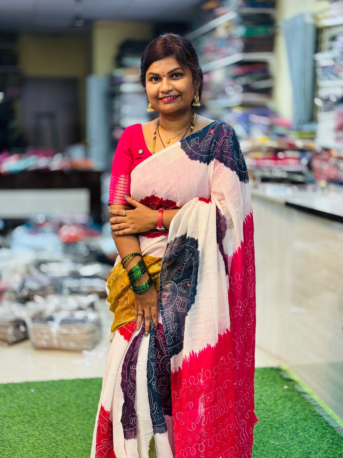 Pink Premium Bandini Lenin Sarees