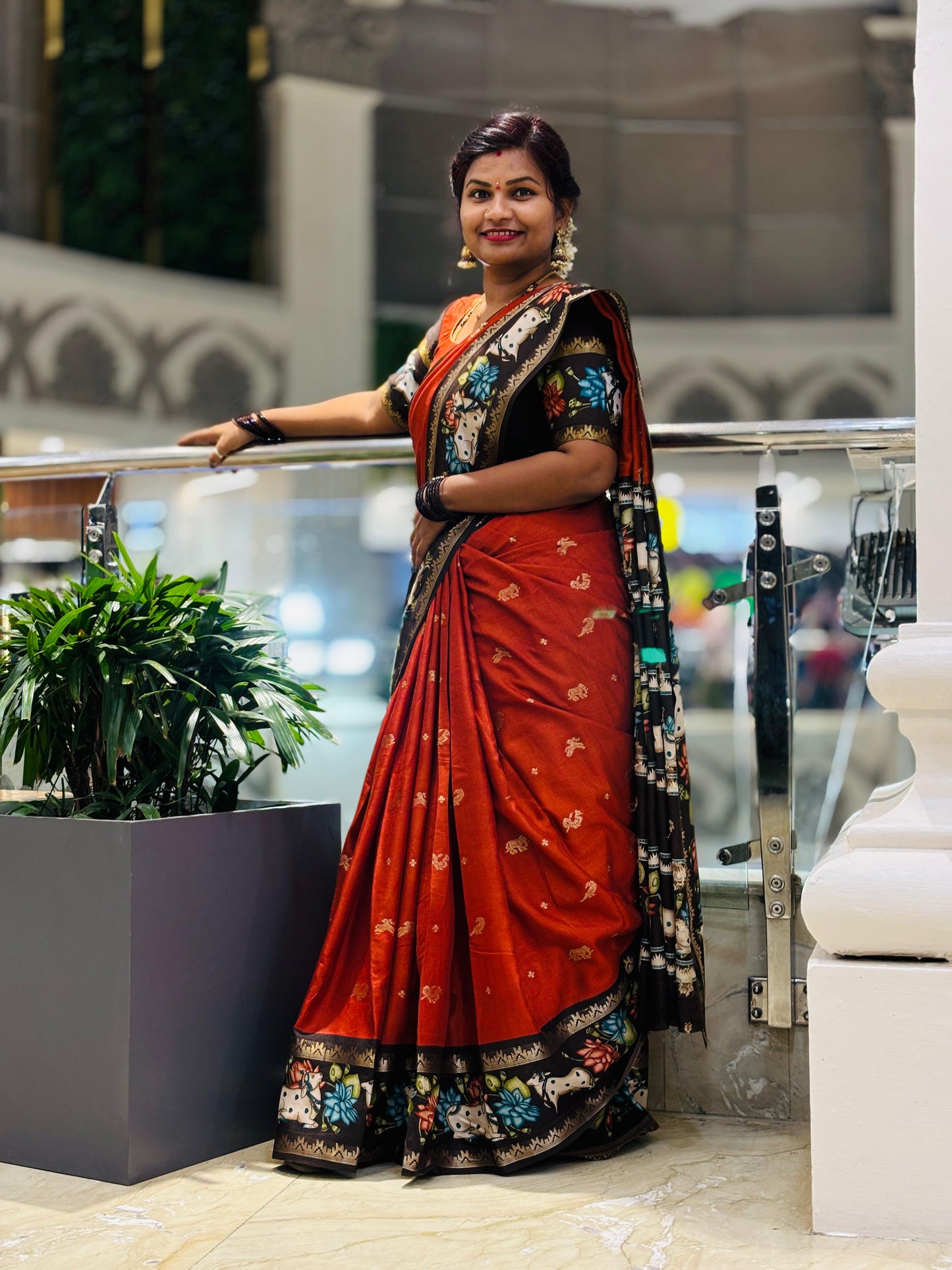 Rust Orange Mangalgiri Pichwai Pattu Sarees