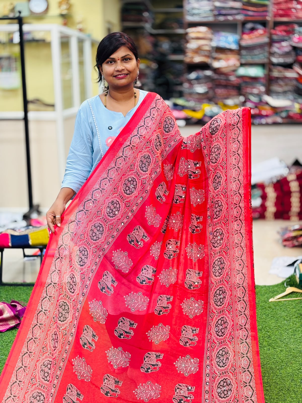Azrak Elephants Sarees Red