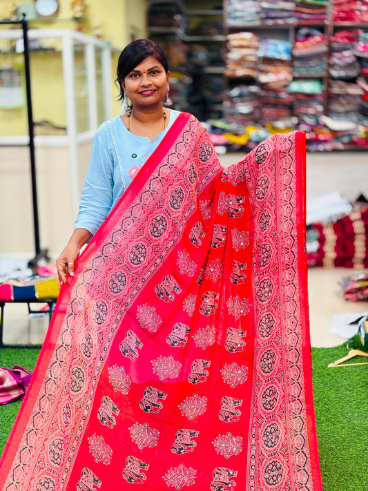 Azrak Elephants Sarees Red