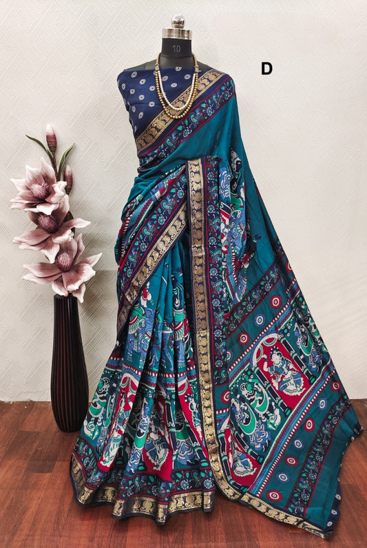 Mangalgiri Madhubani Pattu 
With contrast butti blouse 
And Kanchi weaving borders
