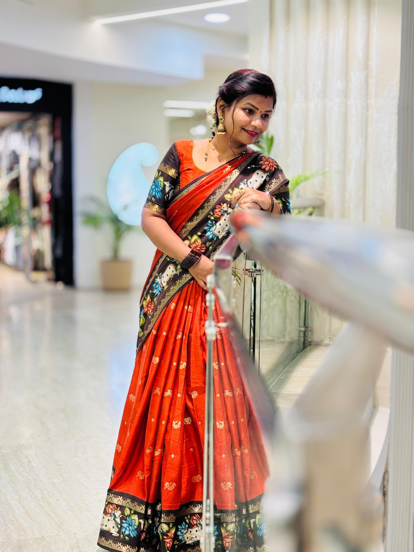 Rust Orange Mangalgiri Pichwai Pattu Sarees