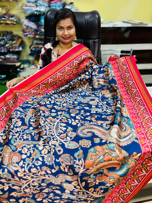 Rajkot Patola Silk Sarees 
With Kalamkari Design 
With hand oven tussles 
Highlights with patola borders