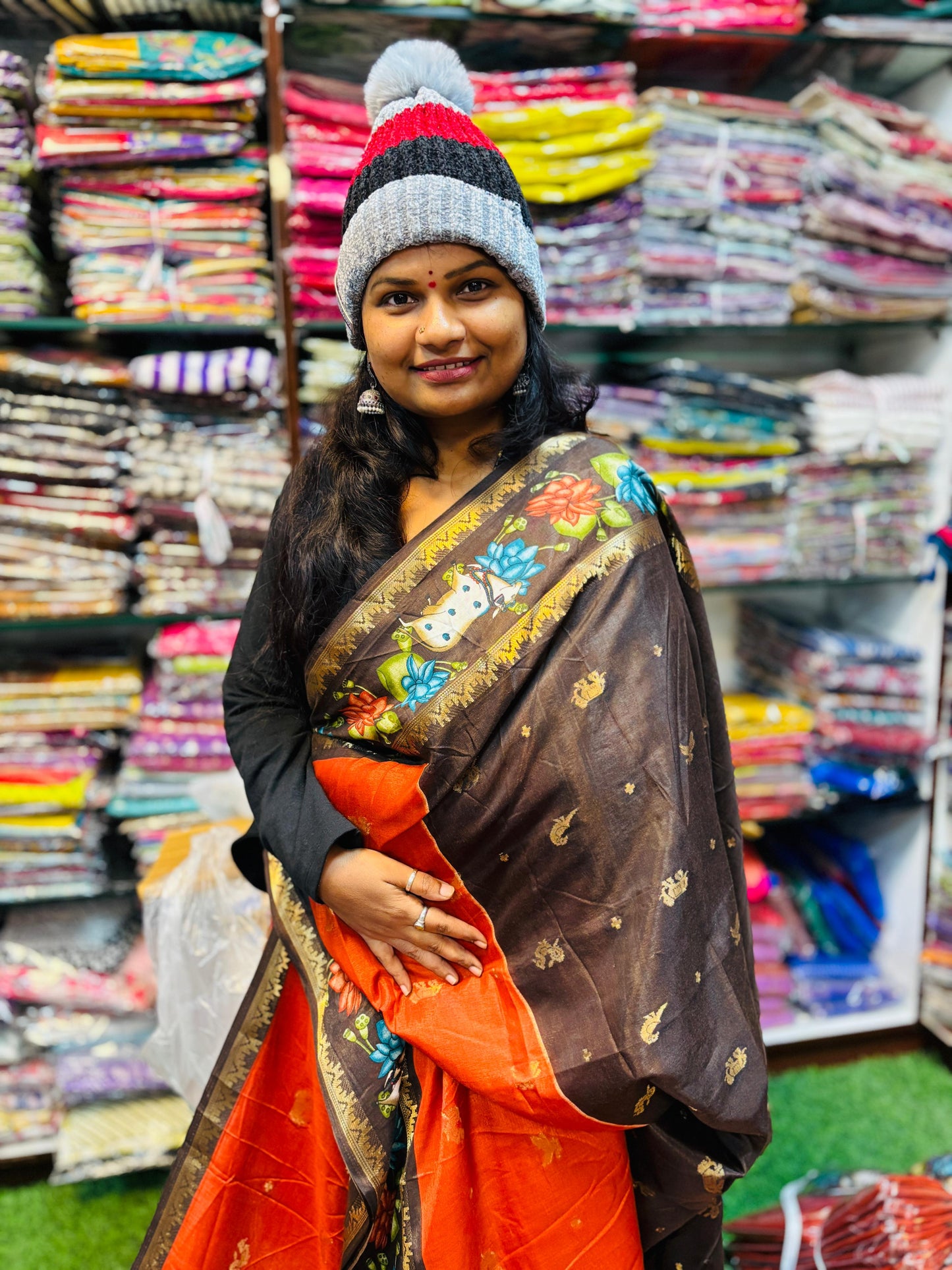 Rust Orange Mangalgiri Pichwai Pattu Sarees