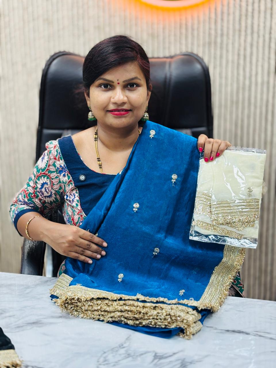 Space Silk Lace Border Saree - Blue