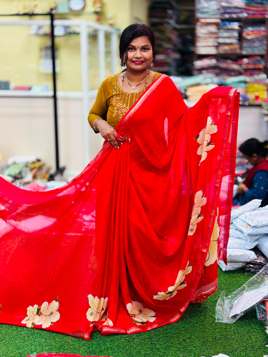 Mangalagiri Georgette Saree Red